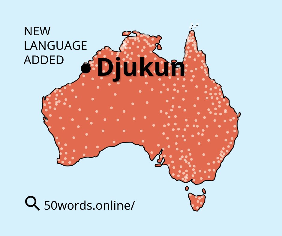 Djukun is the latest language to be added to the 50 Words map 🎉 Thank you to speaker Jaala Ozies. Listen 🖱 50words.online/languages/Djuk…