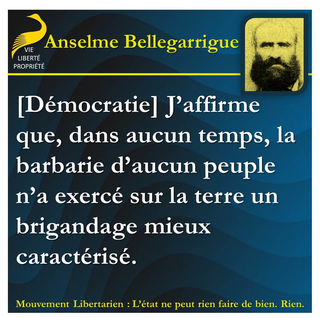 [Démocratie] J’affirme que, dans aucun temps, la barbarie d’aucun peuple n’a exercé sur la terre un brigandage mieux caractérisé.
Anselme Bellegarrigue
#Afuera #Sécession #SelfGovernment #RienÀGouverner #Consentement  #Asservis #Esclavage #Moutons #Soumission