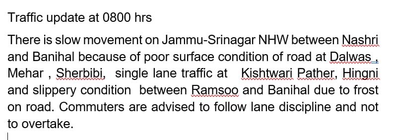 Jammu-Srinagar NH Traffic Update