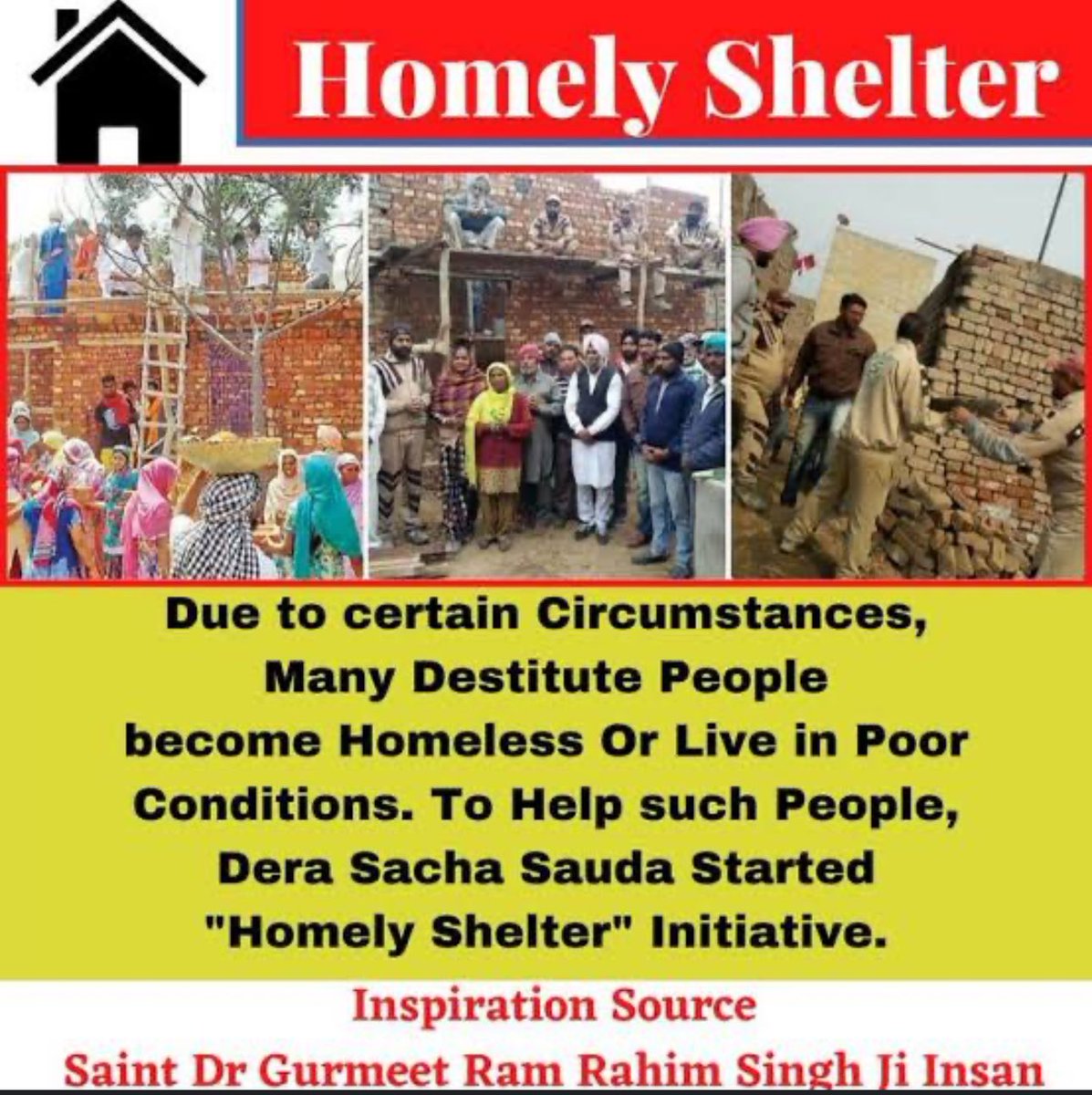 BulbulInsan's tweet photo. Saint Ram Rahim ji initiated welfare work “Homely Shelter” in  this free homes 🏠 are built for the handicapped, widow women and many destitute . We should also contribute , and try to make someone life easy and happy 😊.

#GiftOfShelter https://t.co/aNnYN4YgAA
