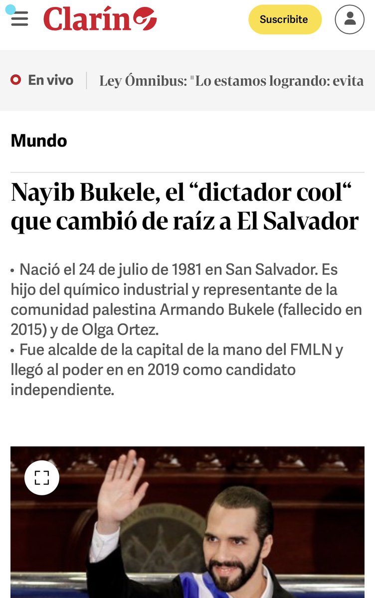 AgustinLaje's tweet photo. Clarín llama “dictador” a @nayibbukele, el presidente salvadoreño que acaba de ganar con más del 85% de los votos. Parece una broma pero no lo es; Clarín es un medio-ramera del sistema globalista, y sus periodistas están entrenados para deslegitimar a los patriotas como Bukele. https://t.co/36vqBIl932