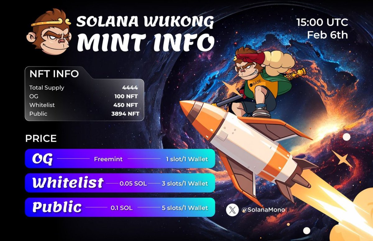 🙈LFGGGGGGG!!! Solana Wukong mint is coming!!!
*Note: Metaplex charges high platform fees for NFT minting($3), we've lowered NFT prices to better serve our community. Thank you for your support, Wukong community 🤟

🪫NFT Info: 
OG Round: 100(1 Slot/1 Wallet)
WL Round: 450(3