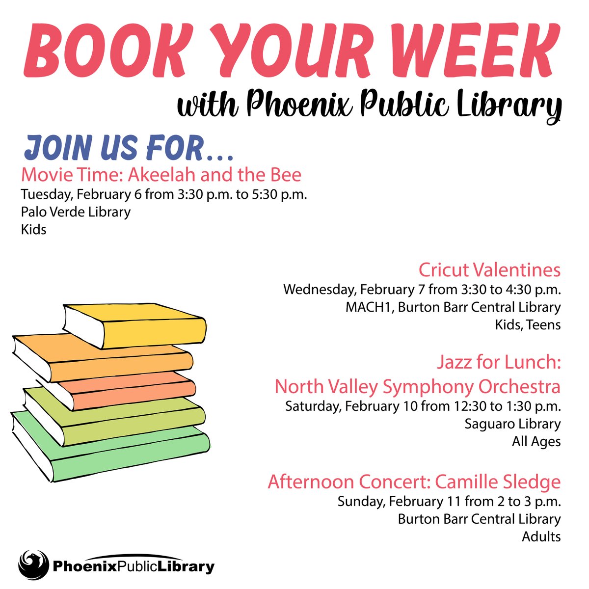 PhxLibrary's tweet photo. What's going on at @PhxLibrary? 📅 Here are just some of the great, free events happening this week. You’ll find fun programs for all ages &amp; interests @ one of our 17 locations. Check the online calendar to browse the entire schedule &amp; #BookYourWeek. https://t.co/7UDEQp6H5j https://t.co/q6neeraAMD