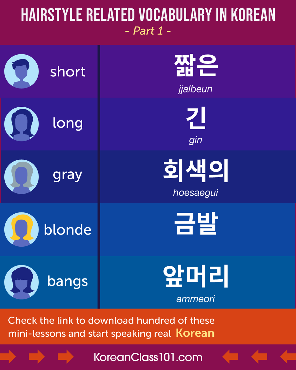 Master3Language's tweet photo. Hairstyle Related Vocabulary in Korean & Japanese - Part 1
■Credits to KoreanClass101 https://t.co/g8cIA8jDRM
■Credits to JapanesePod101 https://t.co/3y3f5H1tvT
#korean #japanese #learnkorean #learnjapanese #studykorean #studyjapanese #koreanword #japaneseword #hangul #vocab https://t.co/EvQ4VRgKb8