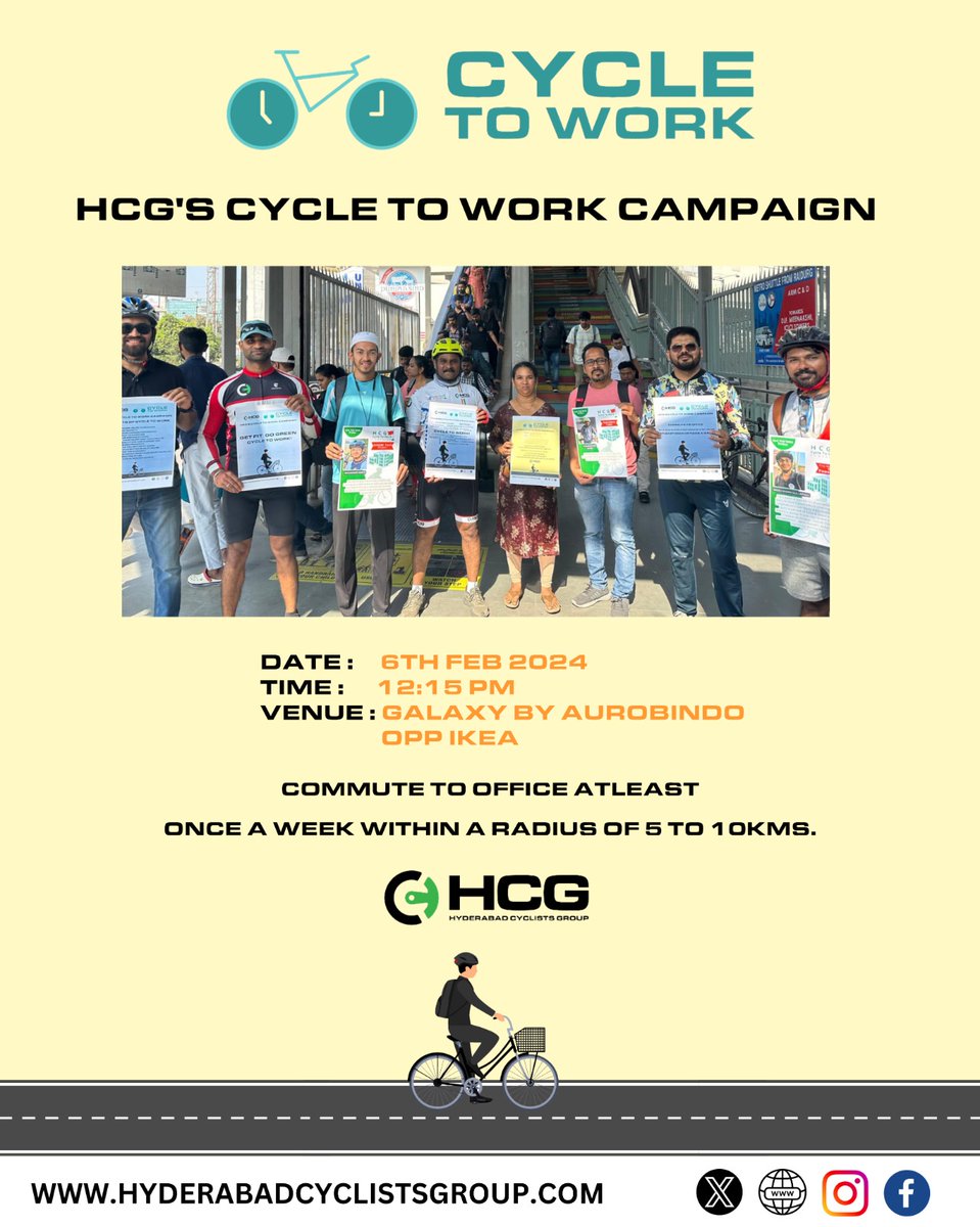 hcggroup2's tweet photo. Cycle to work 2nd campaign by HCG at Galaxy by Aurobindo opp Ikea.Initiative is to reach 500 corporate's their employees to commute by cycle within the radius of 5 to 10kms @KTRBRS @CommissionrGHMC @CVAnandIPS @Director_EVDM @HiHyderabad @HiWarangal @bbcnewstelugu @the_hindu https://t.co/I4yTNTGrY1