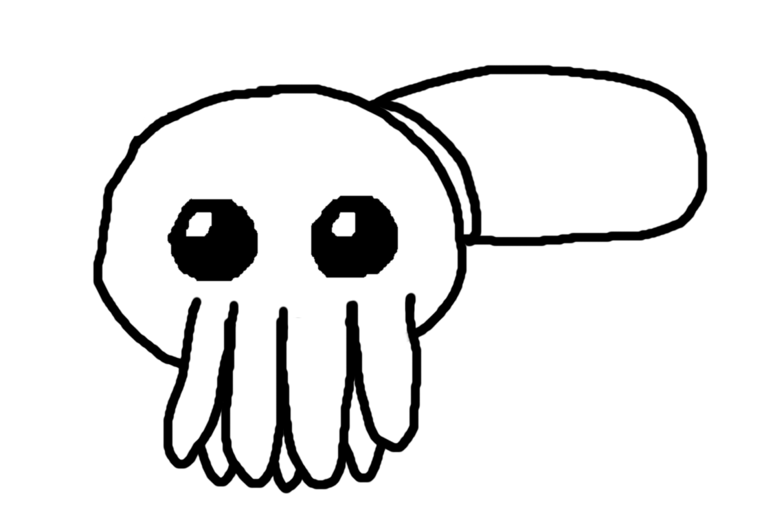 A drawing of the TBH creature, except it has a cephalopod body plan. Its torso is behind its head on the upper right, and arms protrude out of the head where its mouth would be.