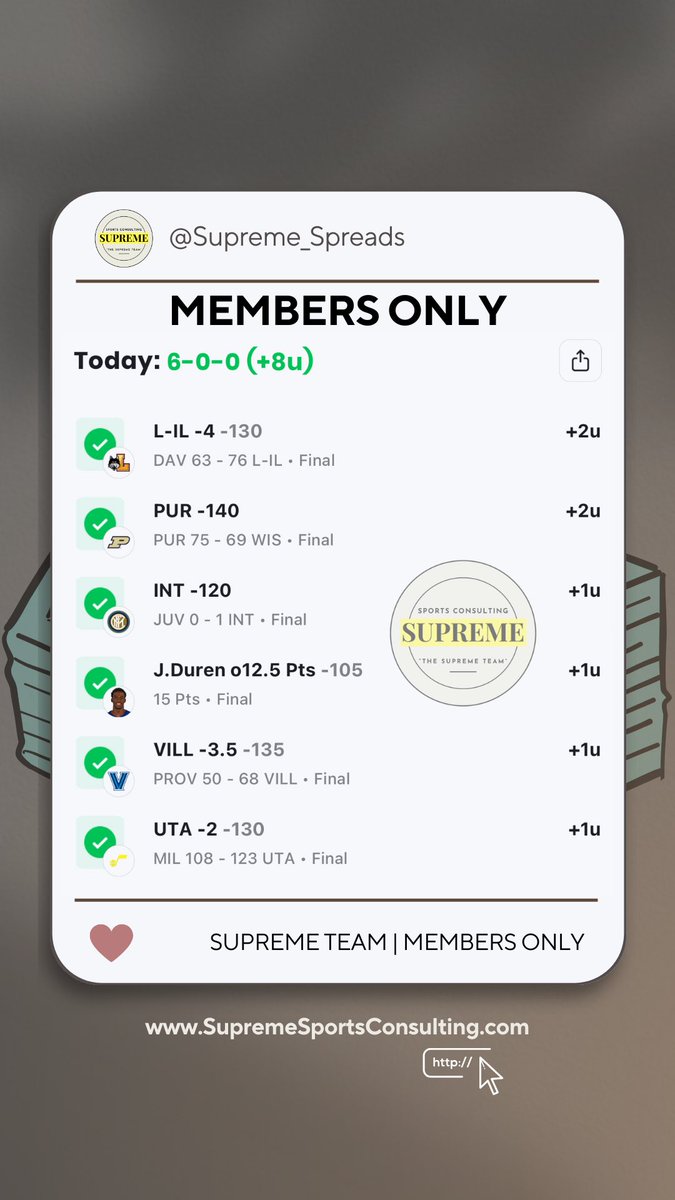 Supreme_Spreads's tweet photo. MONSTER SUNDAY FOR THE SUPREME TEAM!!🚨🔥 MEMBERS ONLY CARD CLOSES THE DAY @ 6W - 0L 🔥🔒https://t.co/6MrzjZnJD8 
#sportspicks #nba   #ncaa #nfl   #ncaaf #sports #nbapicks #freepicks #freepicksdaily #CollegeBasketball #Ncaambb #Ncaabb #cbb #nbaprops #lockoftheday #gamblingtwitter https://t.co/ELpJouNE3d