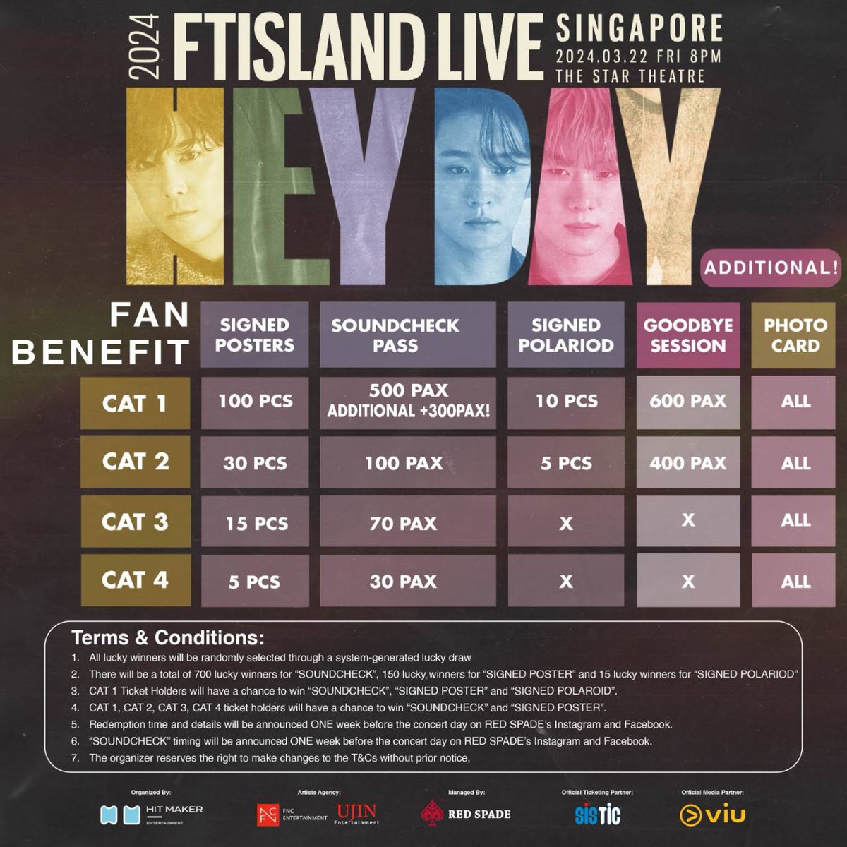 🎫 Exciting news for all fans! 🌟

We’ve added 300 more lucky fans to attend the sound check for Cat 1 holders!
🗓️: 22 March 2024, 8PM SGT
📍: The Star Theatre, Singapore
🔗: bit.ly/FTISLANDHEYDAY…
#heyday #ftisland #fnc #ujinent #hitmakerentertainment #redspadesg #Primadonna