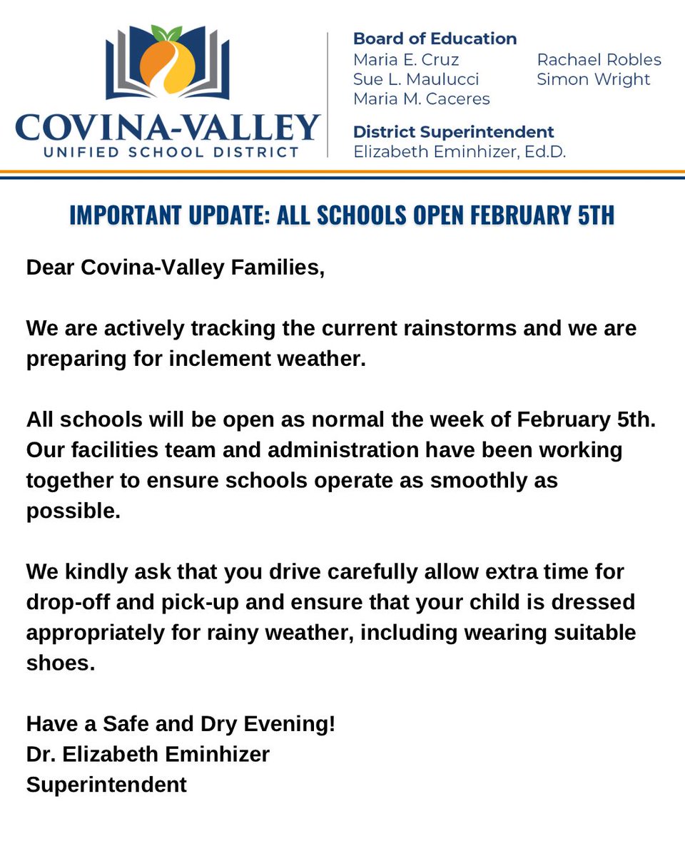 Dear C-VUSD Families and Staff. Please read this IMPORTANT message from our Superintendent Dr. Elizabeth Eminhizer.