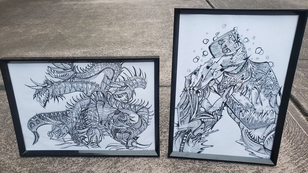 rta_gala's tweet image. My art have been framed and is now ready to be submitted as potential prizes for Frost Fatales 2024 🎨 One is my rendition of Tiamat for the Final Fantasy Run, and the other is of Undead hands with an Estus Flask for the Dark Souls bonus run on the schedule. Wish me luck! 💕