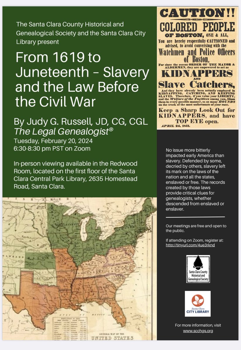 scchgs's tweet photo. We are excited about our next speaker and meeting. 
“From 1619 to Juneteenth — Slavery and the Law Before the Civil War”  Zoom &amp; In-person viewing
Feb 20, 2024 at 6:30pm
Presenter: Judy G. Russell 
@legalgen 
Register at our website 
https://t.co/n2AMoDv665
#Genealogy #history https://t.co/anntv9UODY