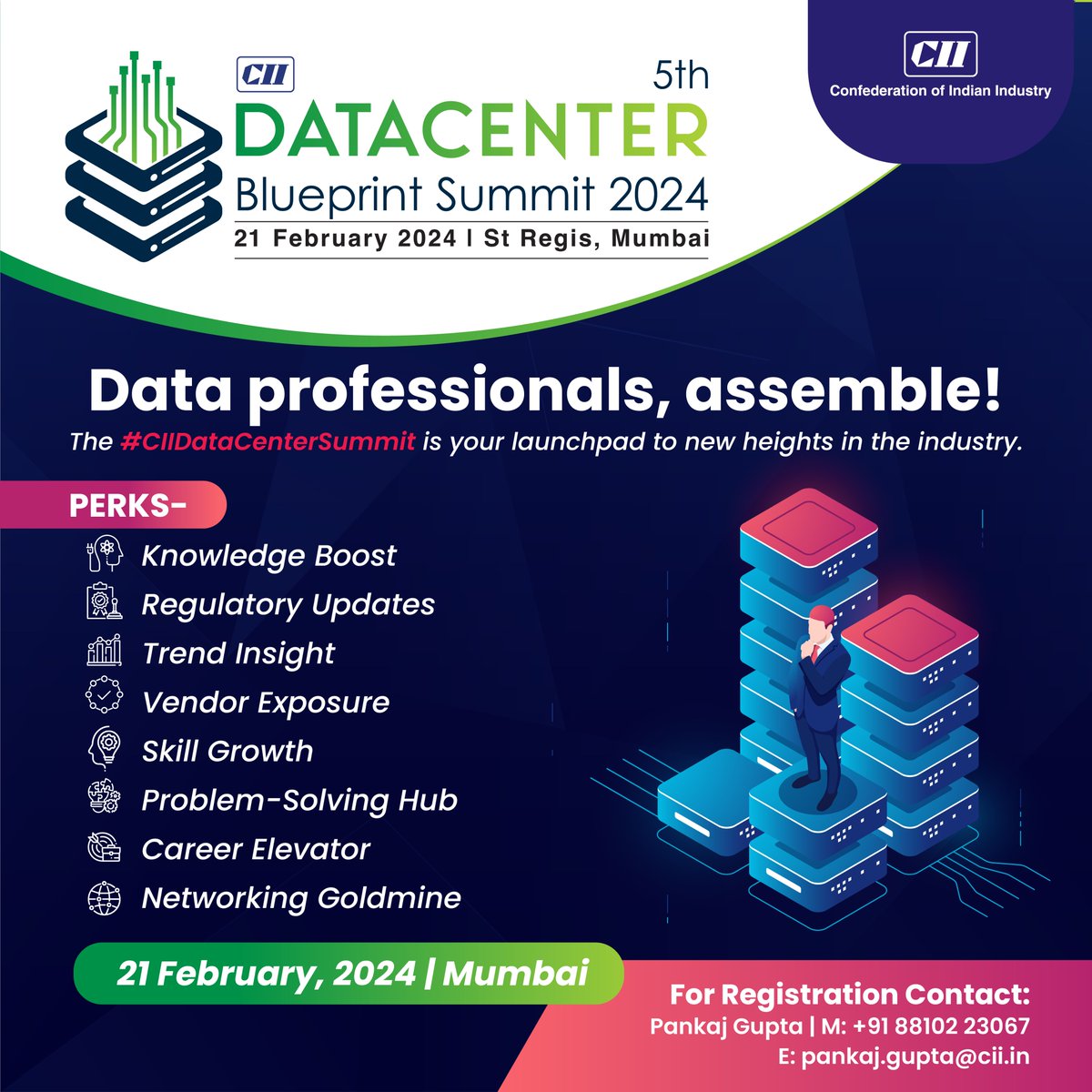 CII4WR's tweet photo. Gain knowledge, stay updated on the latest trends. Elevate your skills, tackle complex data center challenges, & connect with industry experts.
🗓️21 February 2024 | 📍Mumbai
Reg. link: https://t.co/OdCZUsvkwk
#CIIDataCenterSummit #SmartDataCenters #DigitalTransformation #Mumbai #DigitalIndia #FutureofData #India #data #careerelevator #SaveTheDate