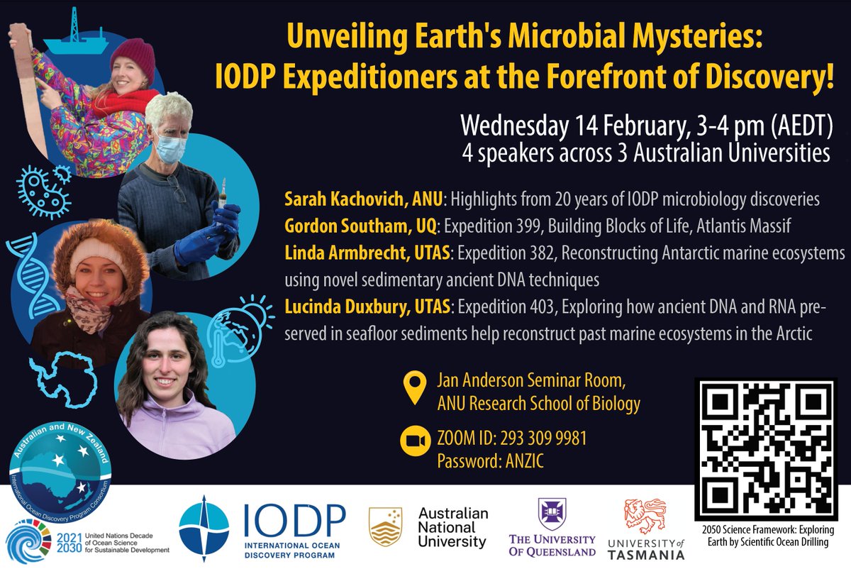 💚Valentine's Day Adventure! Explore Earth's Microbial Mysteries with #IODP Science on 14 Feb, 3 pm (AEDT). 📍 Jan Anderson Seminar Rm, ANU 🌐 Zoom: 2933099981 | PW: ANZIC Speakers 🔍 Sarah Kachovich (ANU) 🚢 Prof. Gordon Southam (UQ)❄️ Linda Armbrecht & Lucinda Duxbury (UTAS)