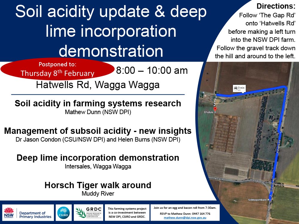 FarmLink Research (@farm_link) on Twitter photo ***Postponed due to rain. Now on this Thursday 8th of February.
Soil acidity update & deep lime incorporation demo.
Get the latest information on acid soil management, and see the Horsch Tiger in action.
Join NSW DPI's <a href="/MathewDunn19/">Mathew Dunn</a> @DrJasonCondon
and Helen Burns at the GRDC ***Postponed due to rain. Now on this Thursday 8th of February.
Soil acidity update & deep lime incorporation demo.
Get the latest information on acid soil management, and see the Horsch Tiger in action.
Join NSW DPI's <a href="/MathewDunn19/">Mathew Dunn</a> @DrJasonCondon
and Helen Burns at the GRDC