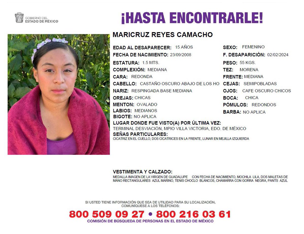 QuePocaMadre_Mx's tweet photo. ‼¡AYUDANOS A COMPARTIR!‼🔍

#ServicioSocial🚨👇
Por favor, me pueden ayudar a compartir la ficha de búsqueda de Maricruz Reyes Camacho, quien desapareció en el Mpio. de #VillaVictoria, #Edomex. Por favor, queremos localizarla, su familia está desesperada. https://t.co/1txc2wegLf