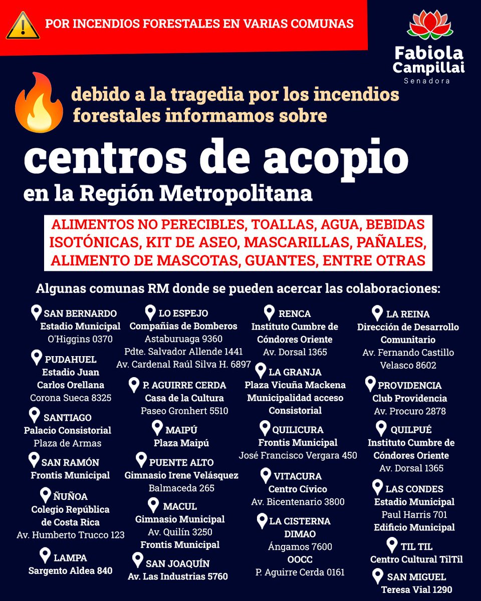 DignidadFabiola's tweet photo. 📢🔴 Debido a la contingencia nacional con los incendios forestales, compartimos información sobre puntos de acopio en Región Metropolitana y algunas medidas preventivas para tener en cuenta en caso de contacto con el humo o cercanías a zonas de incendio. 🚒 https://t.co/YU8rWKtSnk
