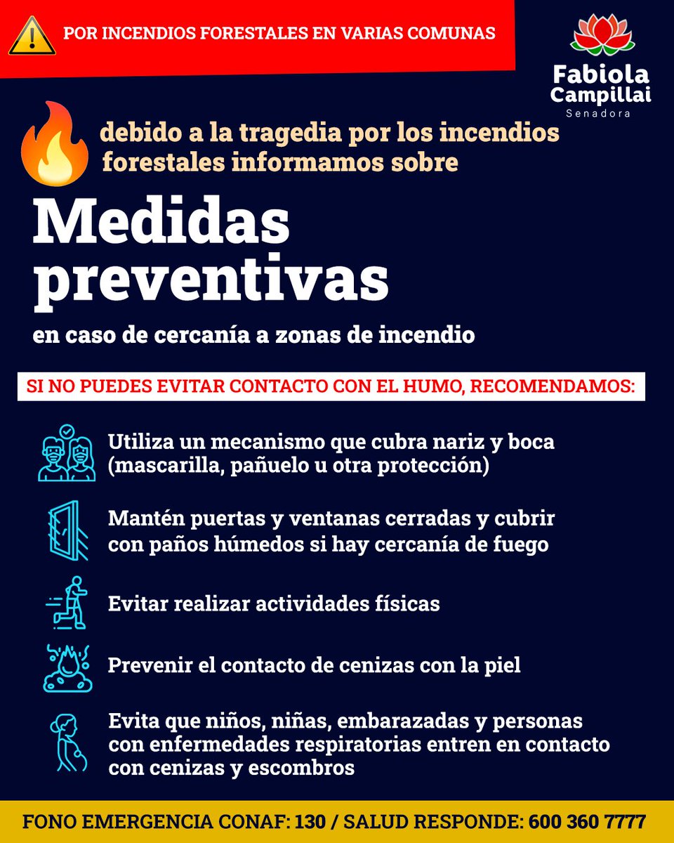 DignidadFabiola's tweet photo. 📢🔴 Debido a la contingencia nacional con los incendios forestales, compartimos información sobre puntos de acopio en Región Metropolitana y algunas medidas preventivas para tener en cuenta en caso de contacto con el humo o cercanías a zonas de incendio. 🚒 https://t.co/YU8rWKtSnk