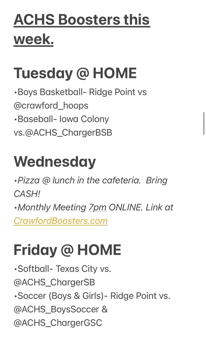 ACHS_Boosters's tweet photo. Busy sports week for Almeta Crawford High School!
Come by the concession stands at home events, and don’t forget Pizza Wednesday’s are finally starting and Booster Club Meeting online Wednesday night!

#ChargedUp #ForgeAhead #TheCrawfordWay #CrawfordBoosters https://t.co/IbgdXh3XCb