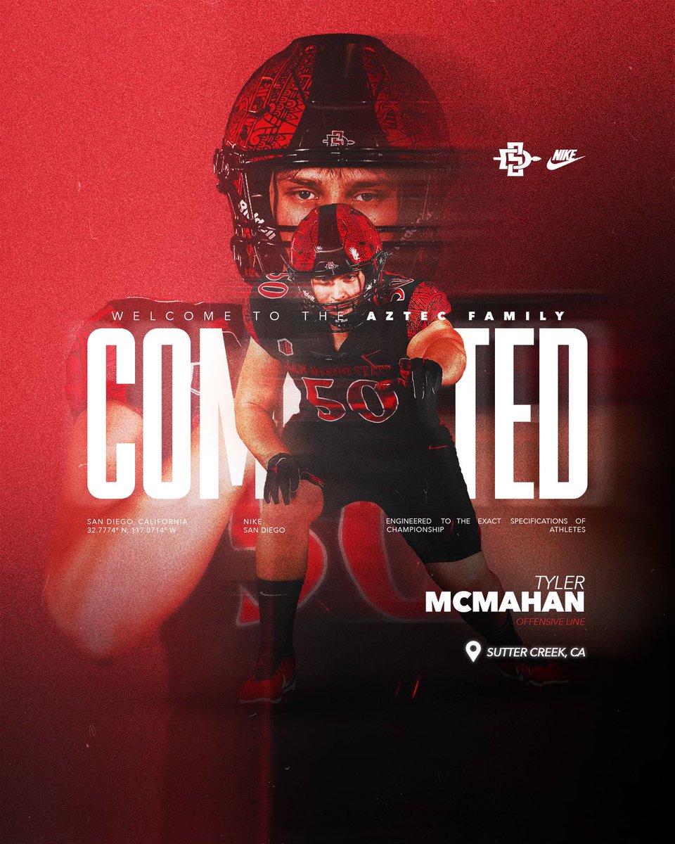 Tyler McMahan (@mcmahantyler70) on Twitter photo After an amazing visit this weekend, I have made the decision to commit to San Diego State University!
<a href="/CoachM_Schmidt/">Mike Schmidt</a> <a href="/TheHC_CoachLew/">🔴 Sean Lewis ⚫️</a> <a href="/SeanDillonSDSU/">Sean Dillon</a> <a href="/MJCFootball/">MJC Football</a> <a href="/CoachAbbasi/">Coach Abbasi</a> <a href="/CoachTimeSitala/">Coach Time Sitala</a> <a href="/AztecFB/">San Diego State Football</a> After an amazing visit this weekend, I have made the decision to commit to San Diego State University!
<a href="/CoachM_Schmidt/">Mike Schmidt</a> <a href="/TheHC_CoachLew/">🔴 Sean Lewis ⚫️</a> <a href="/SeanDillonSDSU/">Sean Dillon</a> <a href="/MJCFootball/">MJC Football</a> <a href="/CoachAbbasi/">Coach Abbasi</a> <a href="/CoachTimeSitala/">Coach Time Sitala</a> <a href="/AztecFB/">San Diego State Football</a>