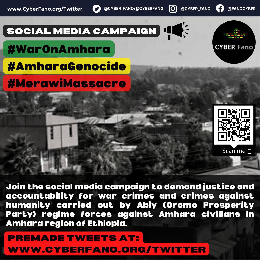 Cyber_Fano's tweet photo. 📢 Join @Cyber_Fano's campaign to demand justice and accountability for war crimes and crimes against humanity committed by the @AbiyAhmedAli regime, including the horrific #MerawiMassacre, as part of the genocidal #WarOnAmhara.

Use premade tweets: https://t.co/4nGADeYEkT https://t.co/2RWbdokH0R
