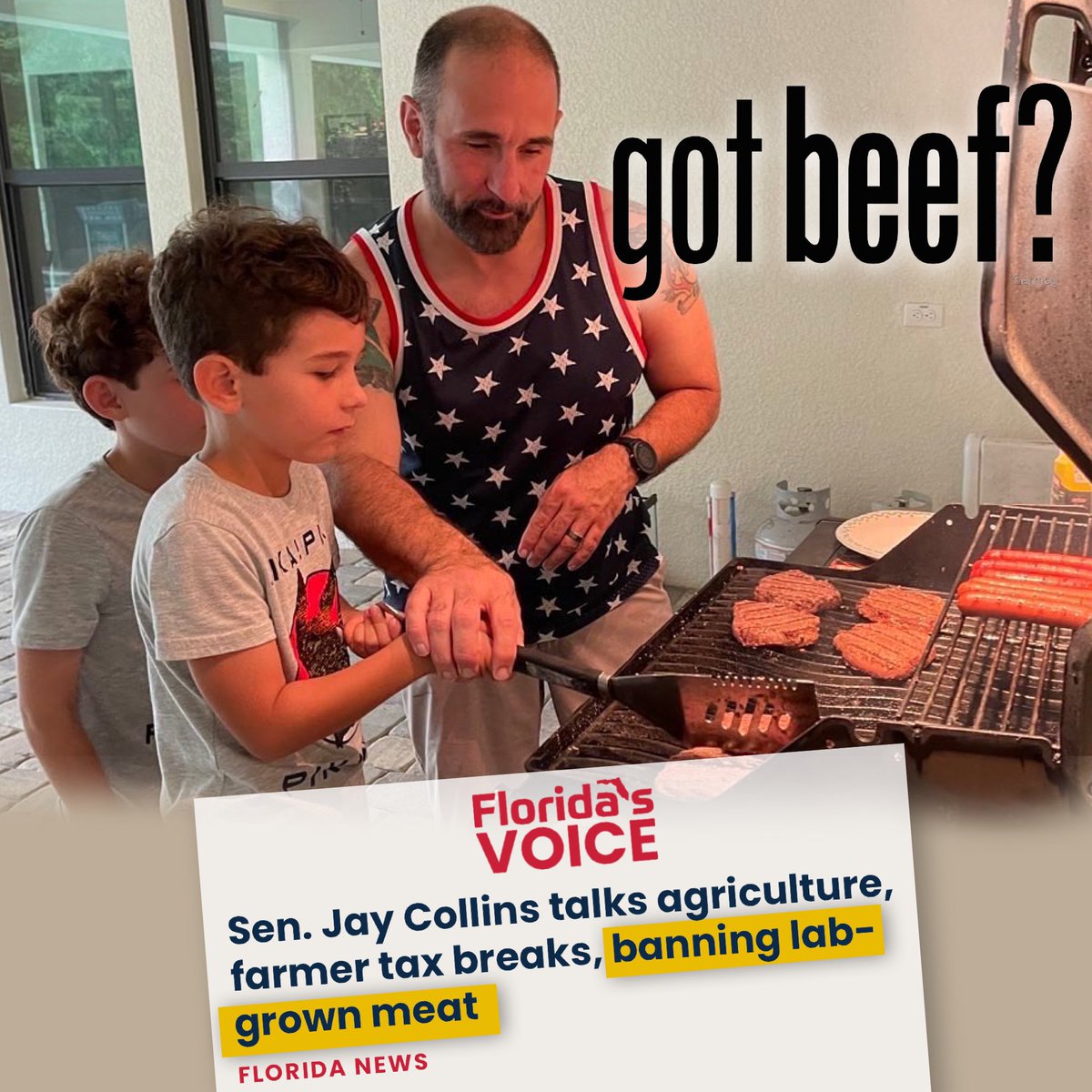JayCollinsFL's tweet photo. It’s time to BAN lab-grown meat. 🚫

I don’t want my family consuming protein cells that have been cultivated in a petri dish from unknown labs.

It’s time to protect Florida consumers and our cattle industry. #GotBeef? 🐄 

Read more from Florida’s Voice: https://t.co/sbjJEYk4eT https://t.co/o0Z1s6szVG
