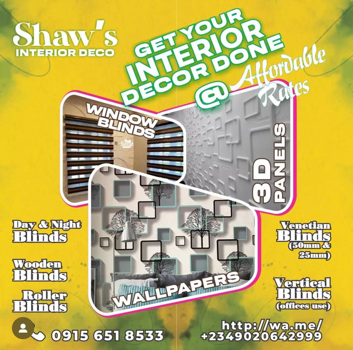 SHAWS INTERIOR DECOR 
We are open for business 💼
Let's be your Homes & Offices window blinds & Curtains plug 🔌 

SPECIALIZED IN PRODUCTION OF WINDOW BLINDS 
👉🏾 #dayandnightblinds 

👉🏾 #venetianblinds 

👉🏾 #verticalblinds 

👉🏾 #rollerblinds 

👉🏾 #woodenblinds 

👉🏾 #romanblinds