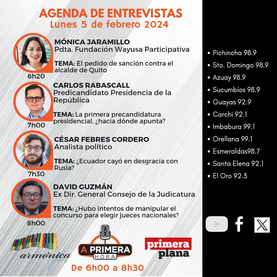 Aquí la agenda del noticiero #APrimeraHora del lunes 5 de febrero

Los esperamos desde las 06h00, con <a href="/fabriciovelav/">Fabricio Vela</a> y <a href="/belkissanchezc/">Belkis Sánchez</a>, por la señal de Radio Armónica y por las plataformas de #Facebook y #YouTube de <a href="/PrimeraPlanaECU/">PrimeraPlanaECU</a> 

@JMonica07
<a href="/rabascallcarlos/">Carlos Rabascall</a>
<a href="/CaesarAemilius/">César Febres-Cordero L.</a>