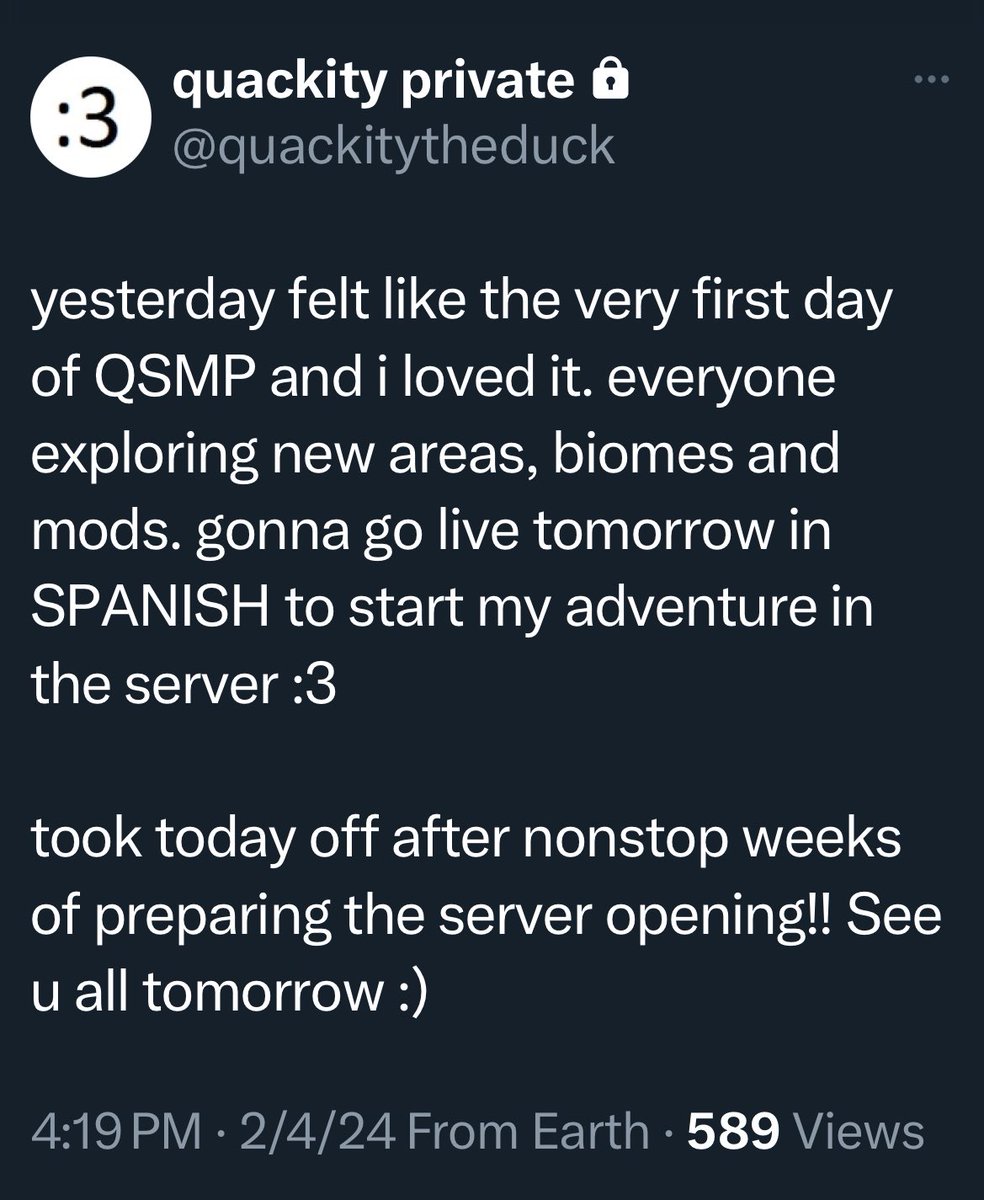 privatedsmp's tweet photo. @.quackitytheduck : yesterday felt like the very first day of QSMP and i loved it. everyone exploring new areas, biomes and mods. gonna go live tomorrow in SPANISH to start my adventure in the server :3

took today off after nonstop weeks of preparing the server opening!! See u + https://t.co/VUQvKUzoZO