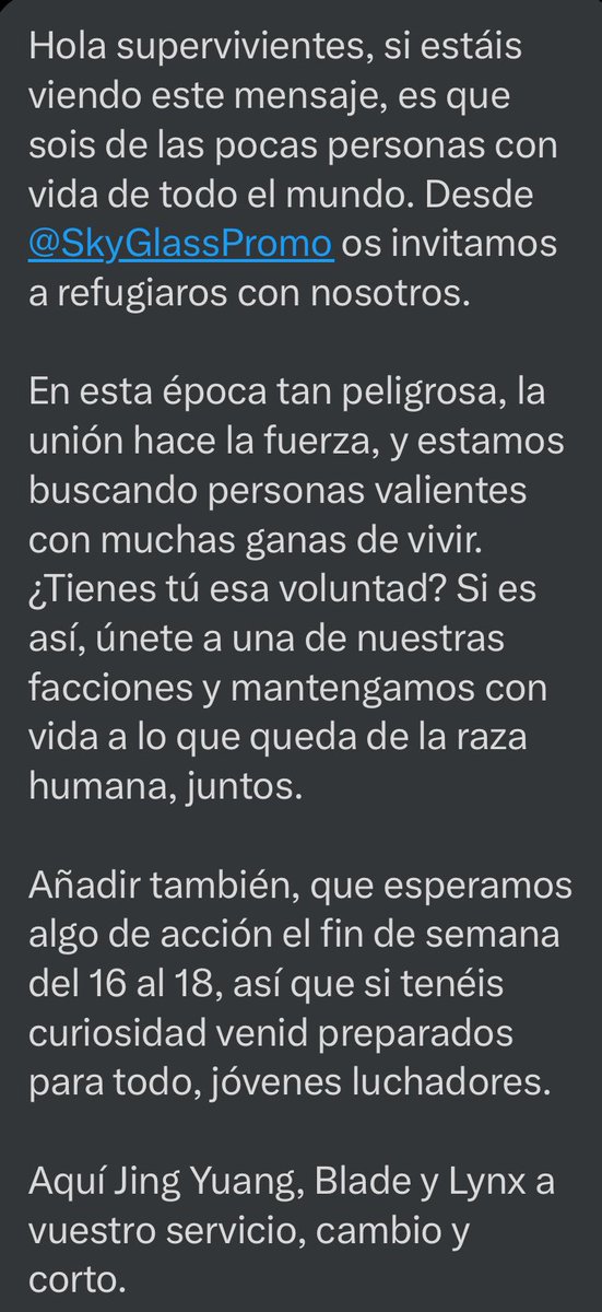 ✨ Sky Glass es un grupo de rol cerrado, tienen una temática interesante y están planeando actividades de entre el 16 al 18 de este mes.
¡No te lo puedes perder! síganles en si cuenta <a href="/SkyGlassPromo/">𝑺𝒌𝒚𝒈𝒍𝒂𝒔𝒔 𝑷𝒓𝒐𝒎𝒐 ☆ —</a>