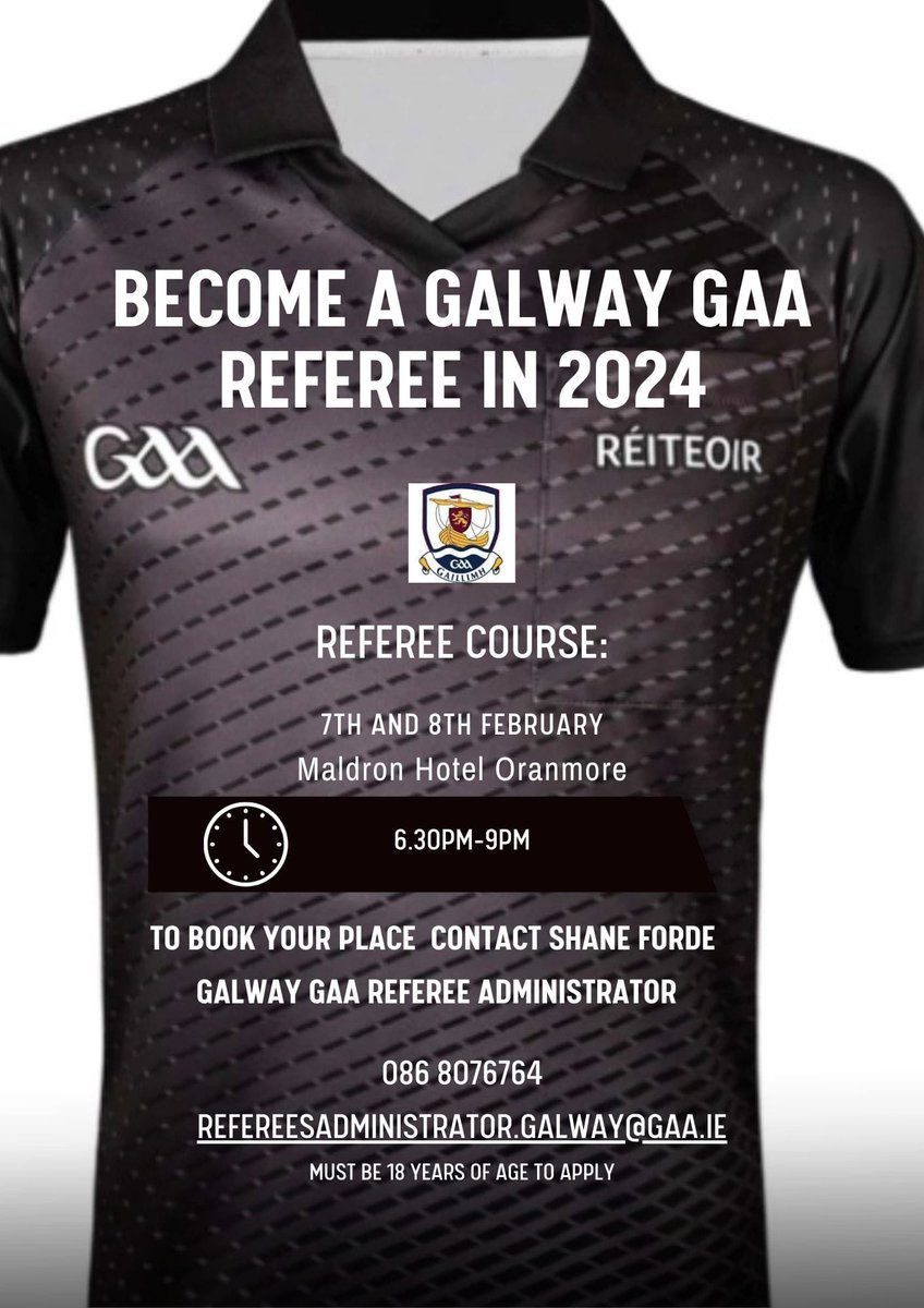 🔔Reminder 📚 REFEREE TRAINING 🟥🟨⬛️ 📆7th and 8th February 📍Maldron Hotel Oranmore 🕰️ 6:30-9:00PM Contact Shane Forde for further information⬇️