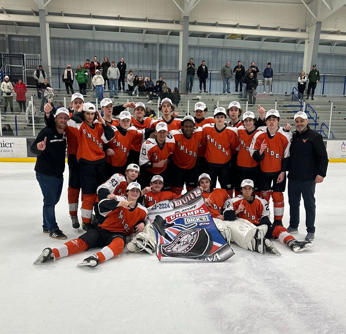 SniderHockey's tweet photo. Congratulations to the #SniderHockey 18AA team for winning the @TheDVHL Playoff Championship! The team won 4 straight elimination games in less than 48 hours to capture the banner. Vladimir Hartman was the OT hero in the championship game vs. Quakers. Well done! https://t.co/zNV5ET4XrX