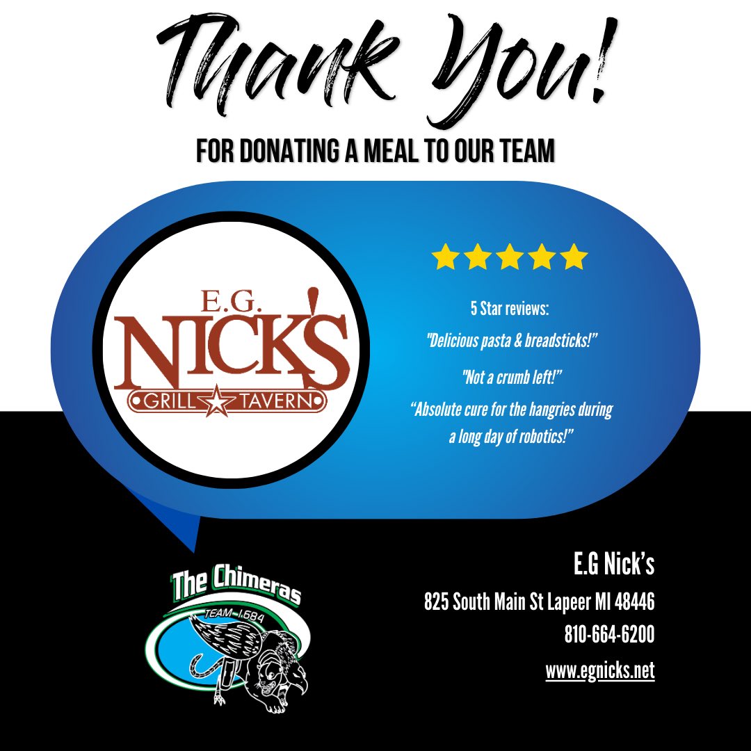 Huge thanks to E.G. Nick's for donating a meal to our team Saturday! We put in 11 hours on that day, so good food is a must to keep going! 
We appreciate the support! 🖤
egnicks.net