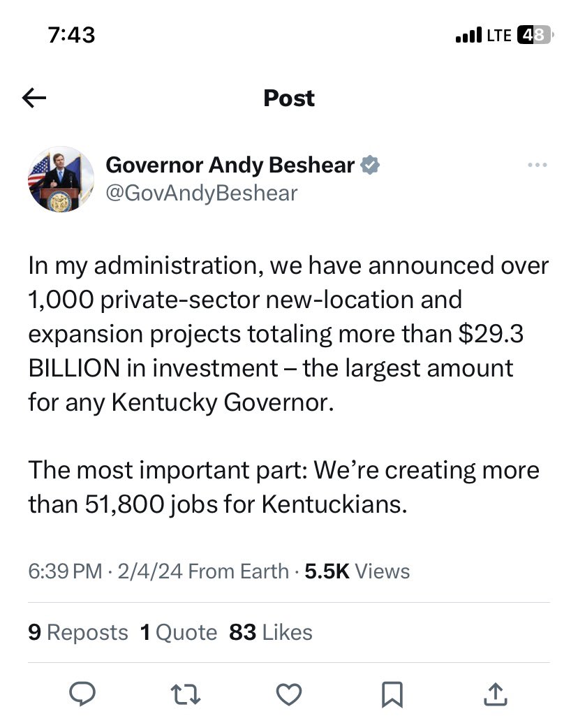 <a href="/GovAndyBeshear/">Governor Andy Beshear</a>, you’re welcome! The House Majority Caucus is proud of the policies we’ve passed - often over your veto or lawsuits - that made these accomplishments possible.