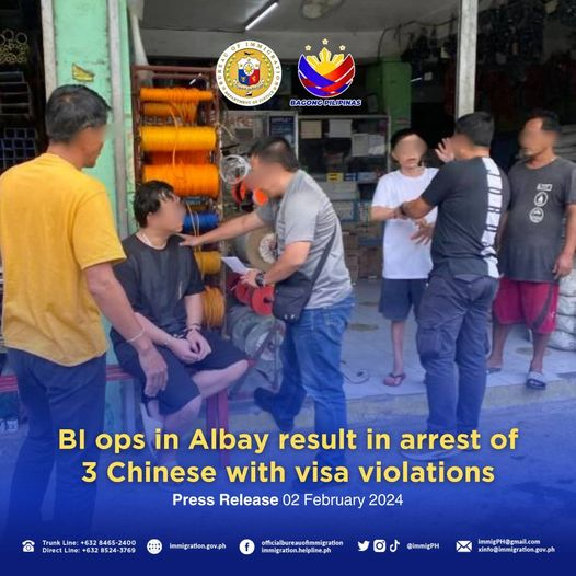 02 February 2024
 
LIGAO CITY, Albay—Operatives from the BI intelligence division reported the arrest of three foreign residents in Ligao City, Albay last January 24 for violating the limitations and conditions of their respective visas.

READ: facebook.com/immigration.he…