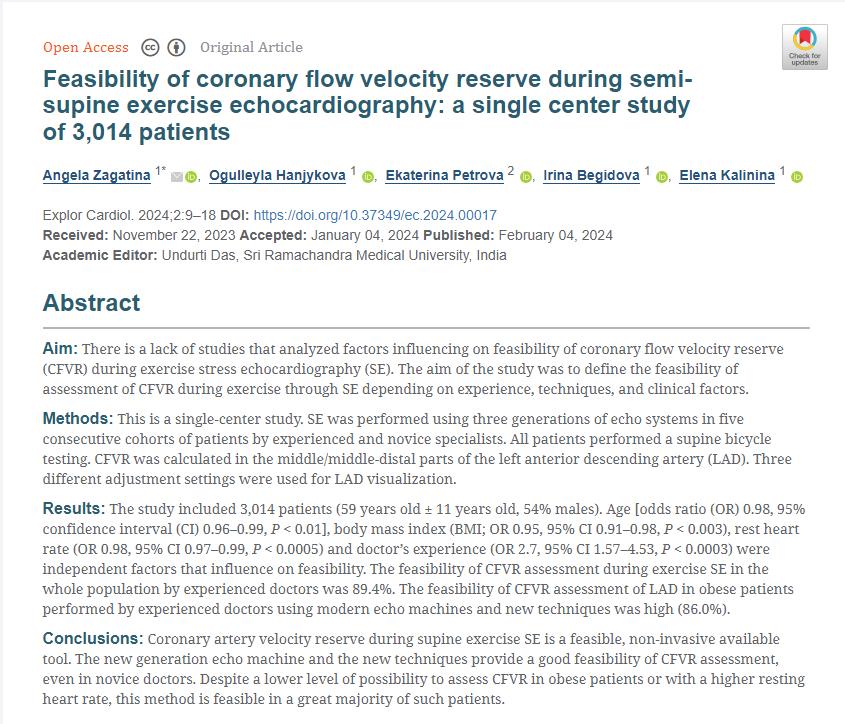 🌟New Article Online🌟

Title: Feasibility of coronary flow velocity reserve during semi-supine exercise #echocardiography: a single center study of 3,014 patients

Authors: Angela Zagatina, Ogulleyla Hanjykova, Ekaterina Petrova, Irina Begidova, Elena Kalinina