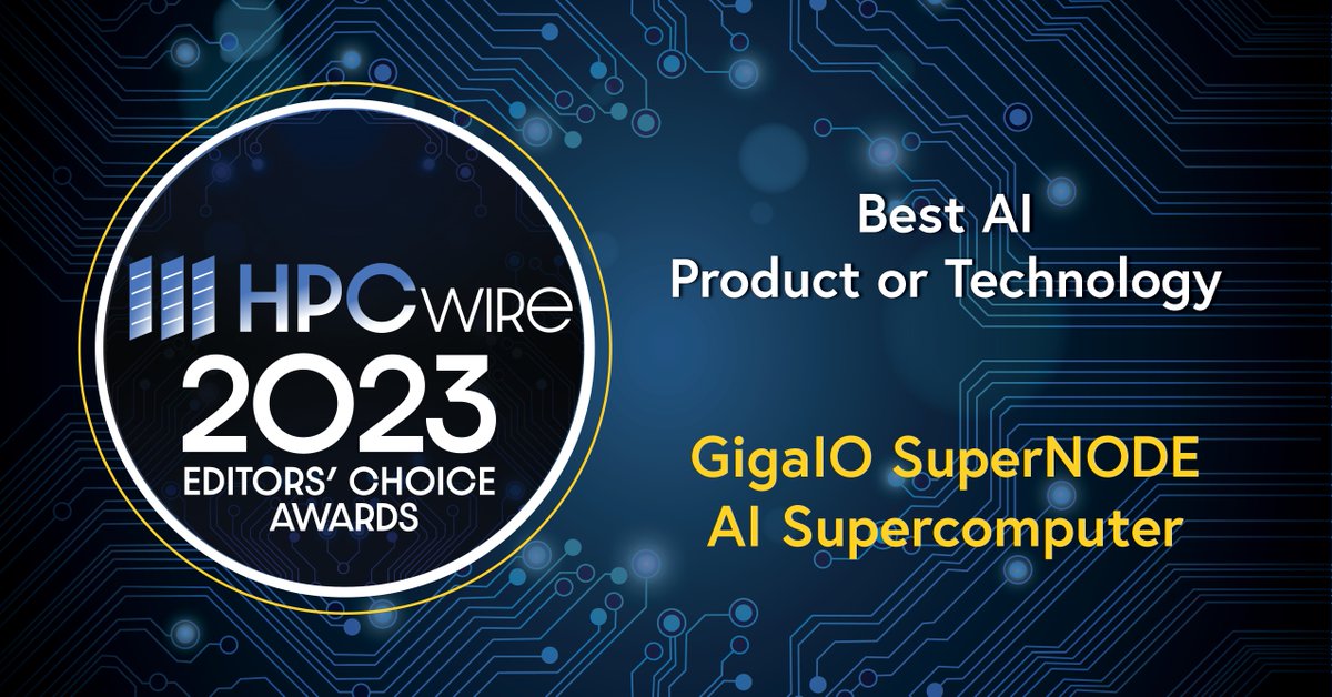 giga_io's tweet photo. It's no surprise #GigaIO's #SuperNODE clinched the 2023 @HPCwire Editors’ Choice Award for Best AI Product or Technology! Scaling GPUs like never before, it can handle 32 or even 64 GPUs over a shared PCI bus for unmatched #applicationacceleration. https://t.co/vIrYvgNWZC https://t.co/hZOeHOm0OT