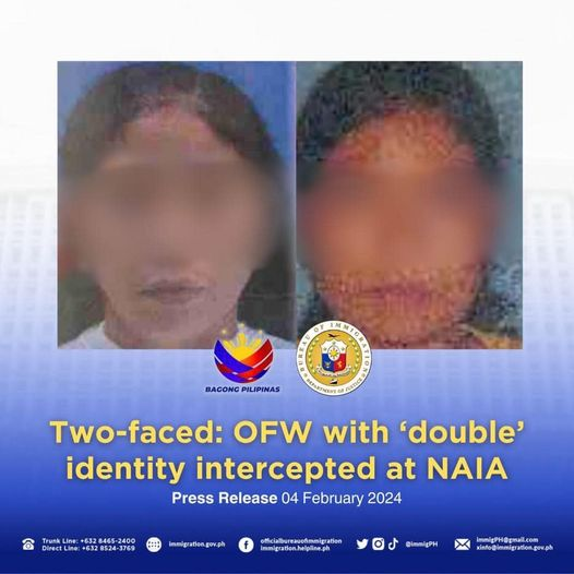 04 February 2024

TWO-FACED: OFW WITH ‘DOUBLE’ IDENTITY INTERCEPTED AT NAIA

PASAY, Philippines—An overseas Filipino worker (OFW) was intercepted last January 25 after records show that another person already traveled using her identity.

READ: facebook.com/immigration.he…
