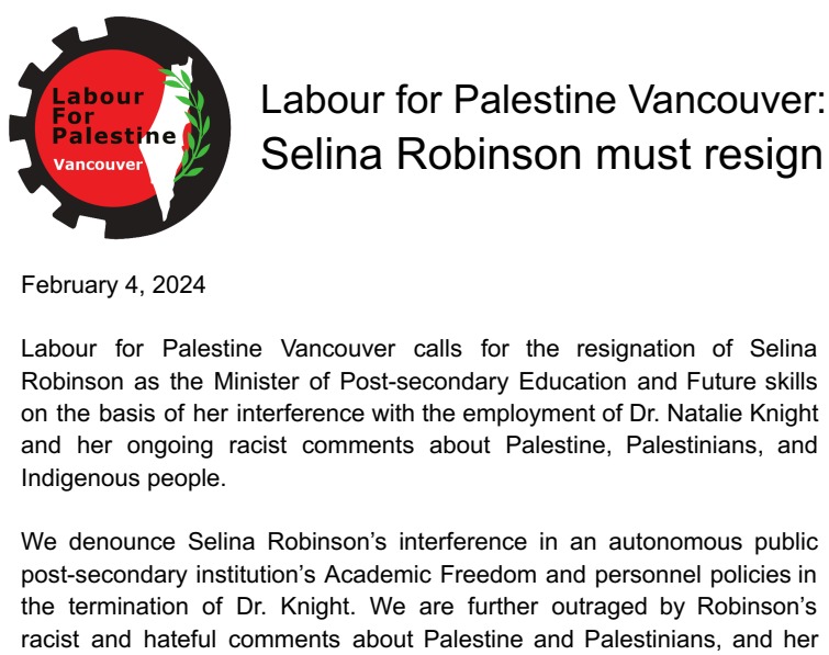 TSSU's tweet photo. Labour for Palestine Vancouver demands the resignation of Selina Robinson from David Eby’s NDP cabinet. We call for justice for Dr. Natalie Knight and all workers who have been made unsafe by Robinson's dangerous interference at Langara https://t.co/3dMJpUdLEn