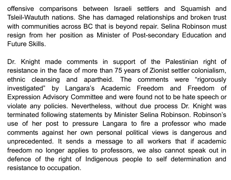 TSSU's tweet photo. Labour for Palestine Vancouver demands the resignation of Selina Robinson from David Eby’s NDP cabinet. We call for justice for Dr. Natalie Knight and all workers who have been made unsafe by Robinson's dangerous interference at Langara https://t.co/3dMJpUdLEn