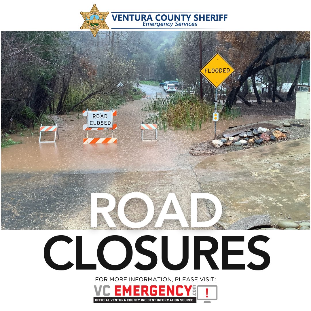 VENTURASHERIFF's tweet image. @countyventura Rain continues in our area. Stay up-to-date on road closures. Visit vcemergency.com./ Sigue lluvendo en nuestra región. Manténgase al tanto sobre los cierres de carreteras. Visite .
#VCSheriff #VCOES #storm 
@VCFD_PIO @VCPublicWorks