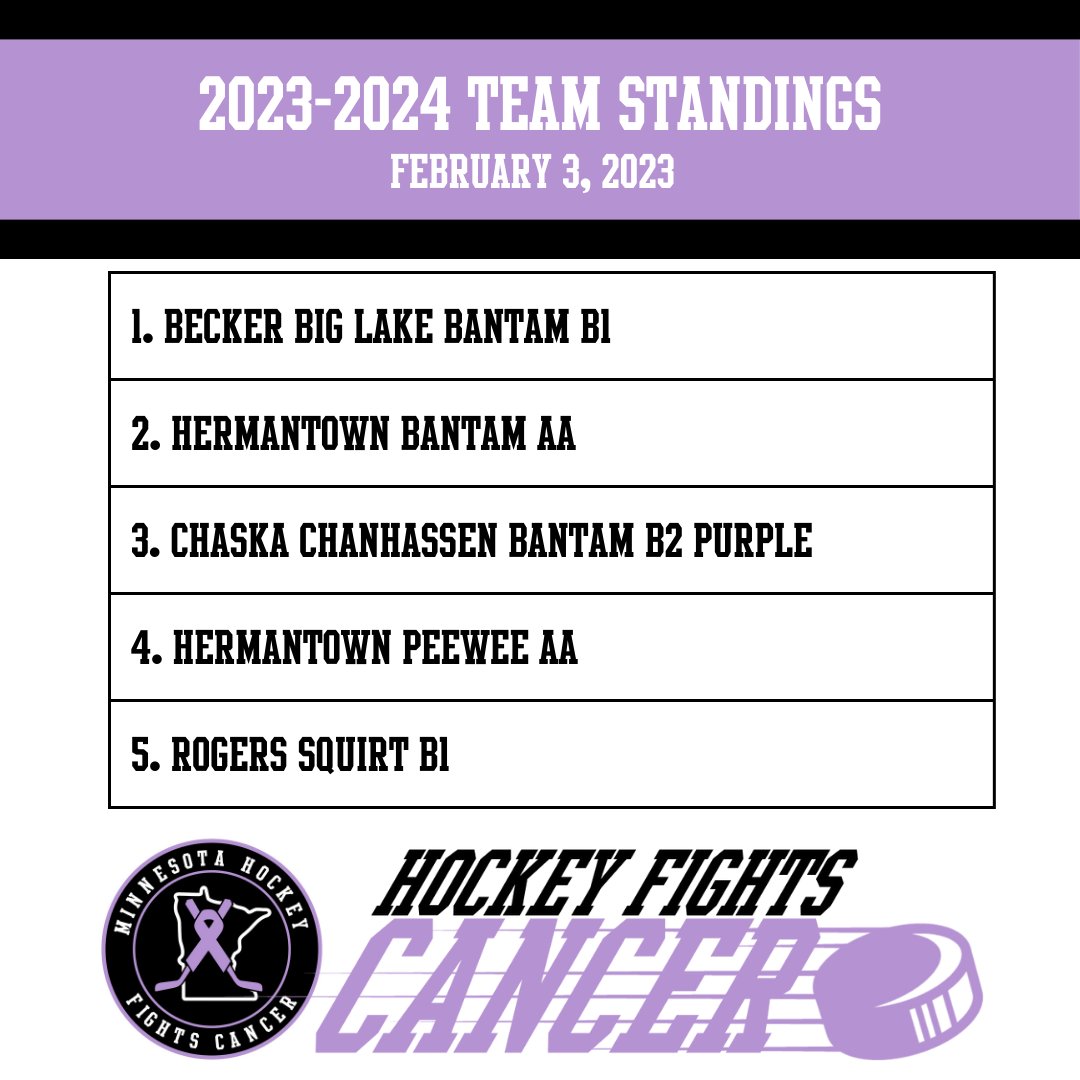 Current standings for the "We Fight For" award for the top association teams.

1. Becker-Big Lake Youth Hockey Bantam B1
2. Hermantown Hockey Bantam AA
3. Chaska Chanhassen Hockey Association Bantam B2 Purple
4. Hermantown Hockey PeeWee AA
5. Rogers Youth Hockey Association