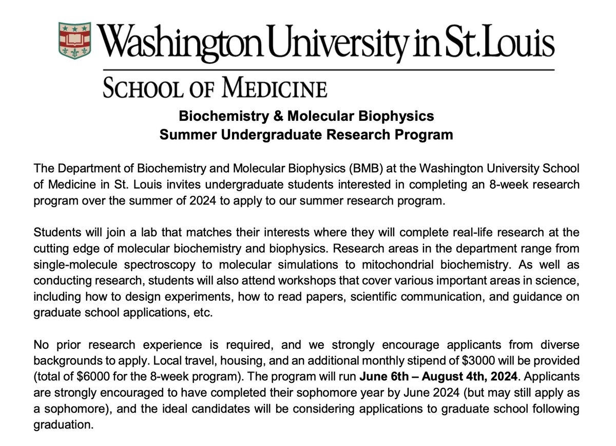 Do you know an undergrad in their 2nd or 3rd year thinking about grad school for biochem/biophys but hasn't had any hands-on research experience yet? We have a program for them (fully paid - $6K for 8 weeks!) biochem.wustl.edu/resources/info… Please repost/share!