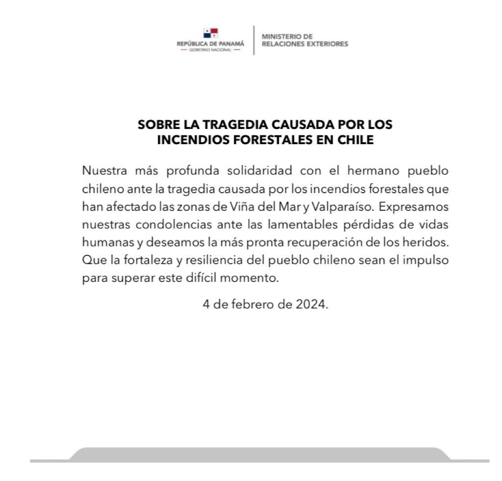 Nuestra más profunda solidaridad ante la tragedia causada por los incendios forestales que han afectado las zonas de Viña del Mar y Valparaíso, Chile.