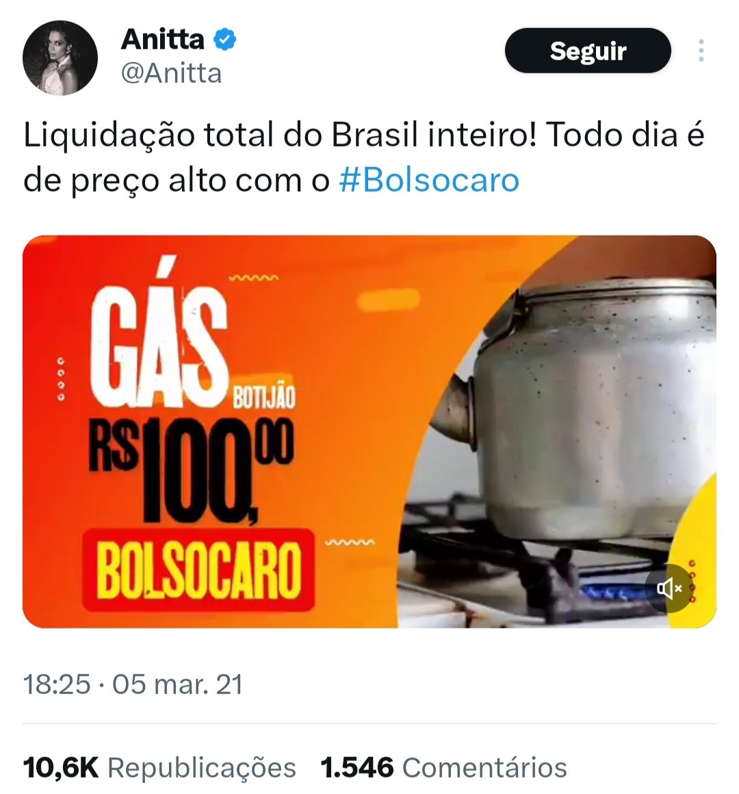 Alô @Anitta, quando o gás estava 100 reais em plena pandemia, vc fez uma  crítica ácida. No governo Lula, o preço foi para 152 reais e você ficou  quieta. Pq? Aproveitando...ouvi de, image size:1080x1160