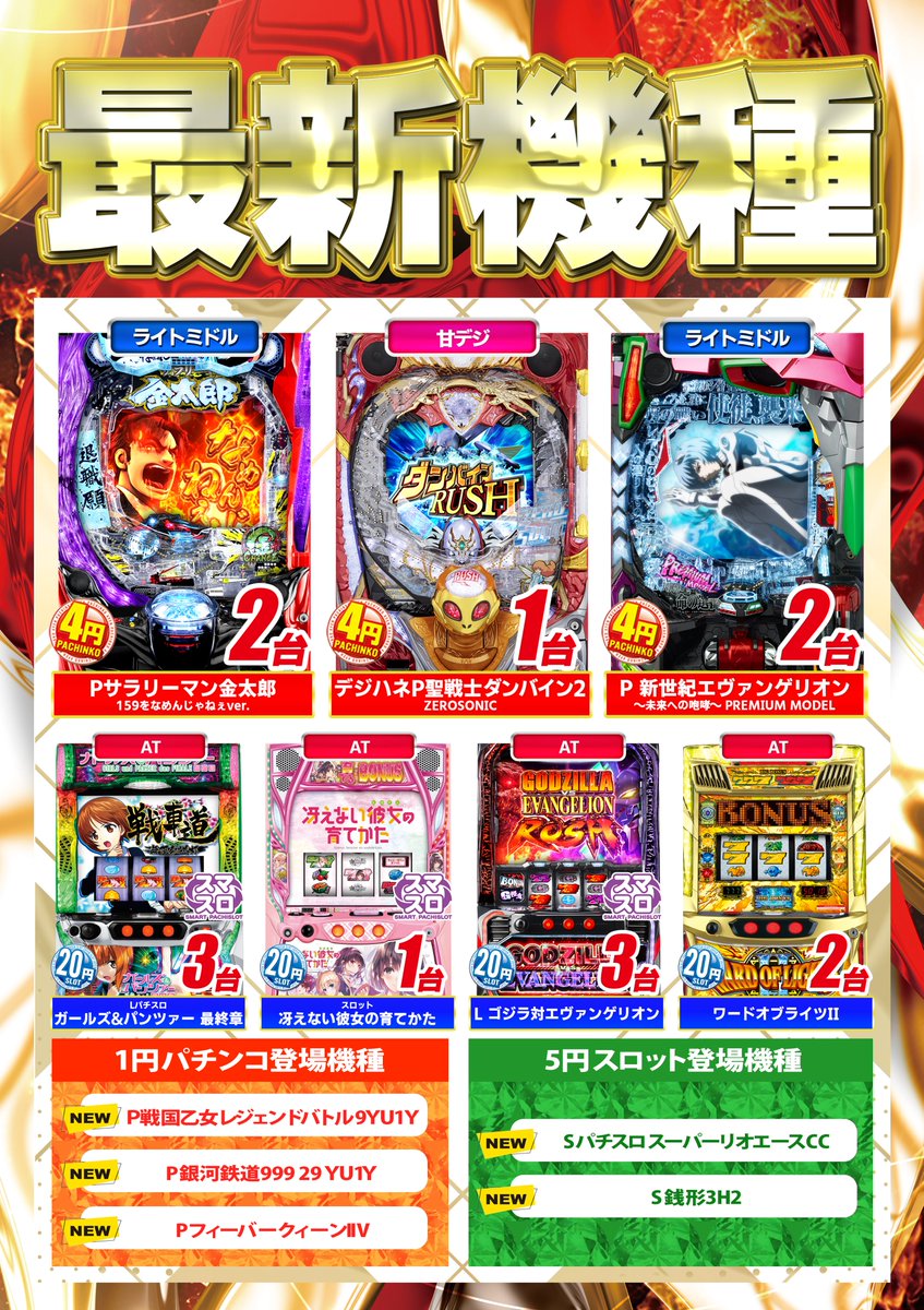 willmax080815's tweet photo. ＼📣#ウィルマックス #新台入替 ／

本日、2月6日(火) 
朝9時オープン 🥳

全7機種14台導入！

ご来店お待ちしております😆

#サラリーマン金太郎 #ダンバイン #エヴァンゲリオン  #ガルパン
#冴えない彼女の育てかた #ゴジエヴァ #ワードオブライツ https://t.co/eIg50hXEwQ