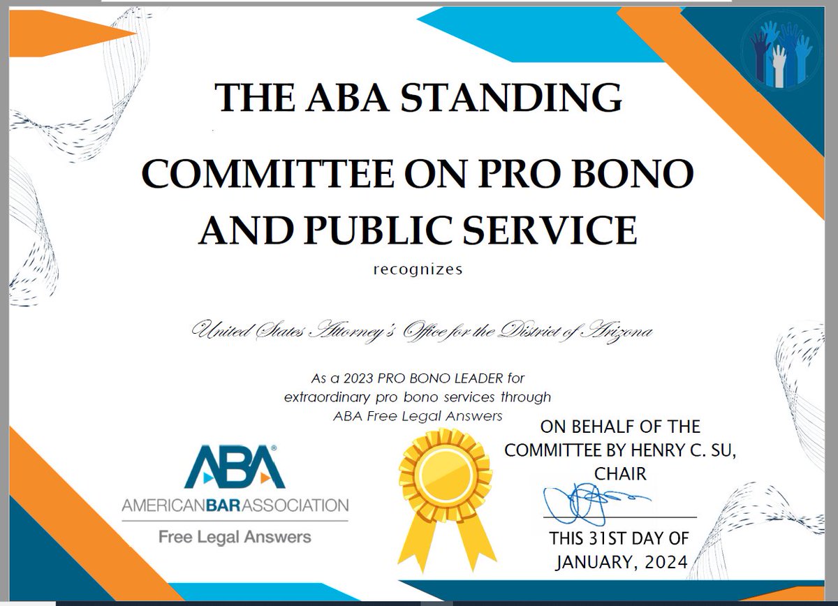 We're proud of this recognition! A cadre of AUSAs have been responding to legal questions through this important ABA program. As a former legal aid lawyer myself, I believe strongly in access to justice and leveling the legal playing field for those in underserved communities.