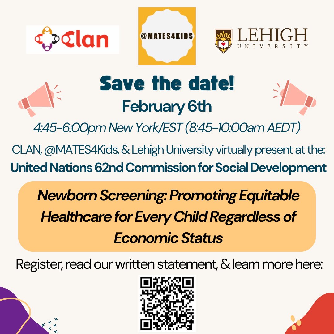 CLAN CHILD HEALTH (@clanchildhealth) on Twitter photo Many thanks to our <a href="/UN/">United Nations</a> Youth Reps at <a href="/LehighU/">Lehigh University</a> & all <a href="/mates4kids/">mates4kids</a> for their leadership & hard work ahead of UN #CSocD62!
Please join our side event focused on #NewbornScreening as we continue working together to promote child health, redress inequities & achieve the #SDGs!
#NBS Many thanks to our <a href="/UN/">United Nations</a> Youth Reps at <a href="/LehighU/">Lehigh University</a> & all <a href="/mates4kids/">mates4kids</a> for their leadership & hard work ahead of UN #CSocD62!
Please join our side event focused on #NewbornScreening as we continue working together to promote child health, redress inequities & achieve the #SDGs!
#NBS