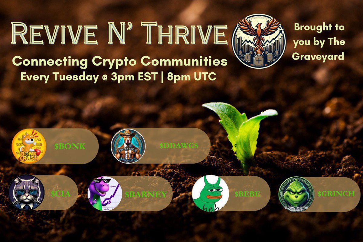 ⏰ Set your alarms for the graveyard shift! Join us at 3pm EST Feb. 6, 2024 for the Revive n’ Thrive AMA. 🐕🤝

- <a href="/Cat_Intel_Token/">Cat Intelligence Agency</a> 
- @BonkCrash_SOL 
- <a href="/X_BEBEeth/">BEBE</a> 
- <a href="/GrinchXCoin/">Grinch.X</a> 
- <a href="/DDawgsofficial/">Deputy Dawgs ®️</a>
- <a href="/PurpDinoBarney/">THE PURPLE DINOSAUR $BARNEY</a>

x.com/i/spaces/1dRKZ…
