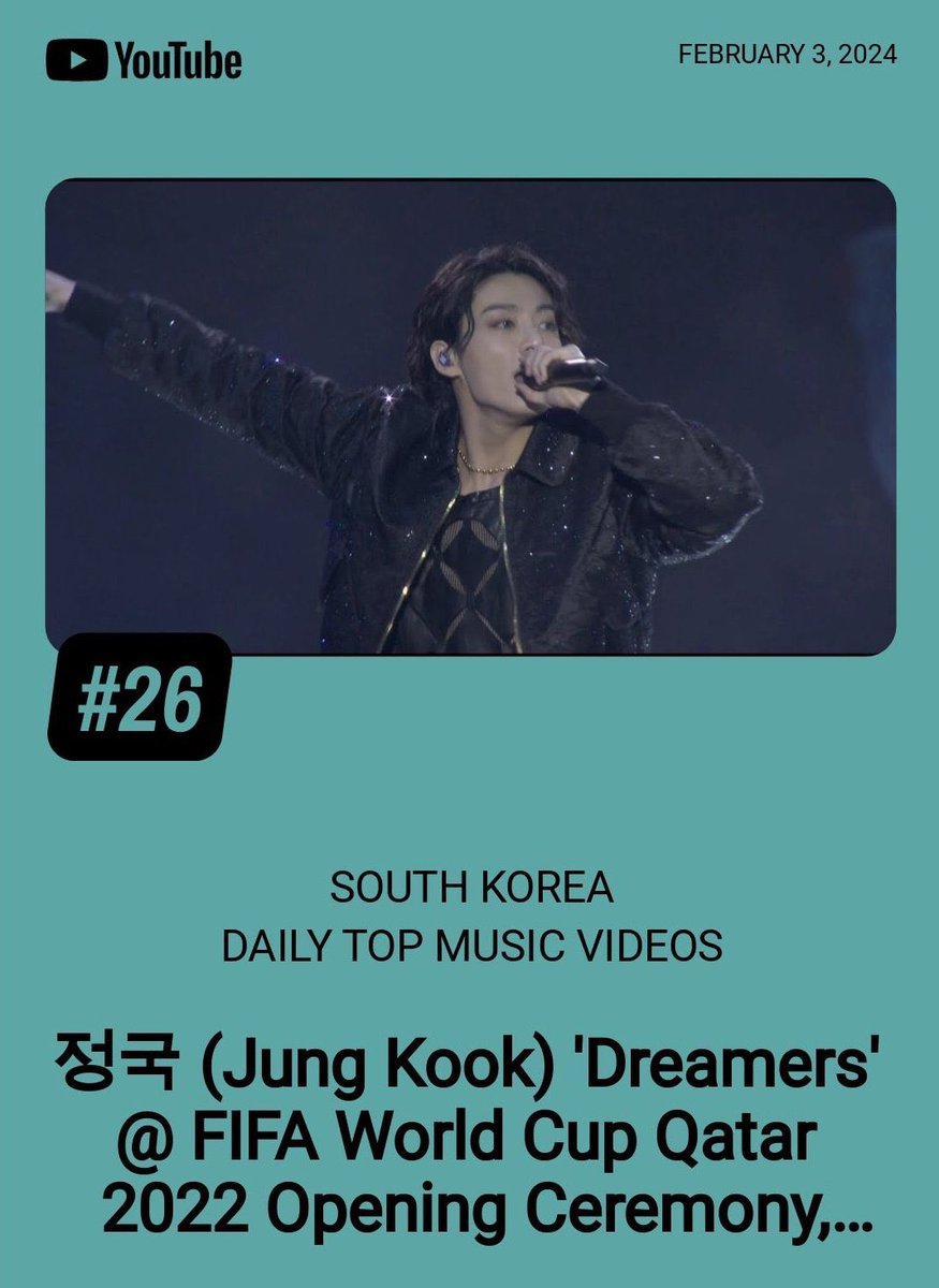 วิดีโอแสดงเปิดงานบอลโลก “Dreamers @ FIFA World Cup Qatar 2022 Opening Ceremony” ของจองกุกเดบิวต์ด้วยอันดับ 26 บนชาร์ต YouTube South Korea : Daily Top Music Videos Chart! (3/2/2024)

#JUNGKOOK #Dreamers 
#Dreamers2022