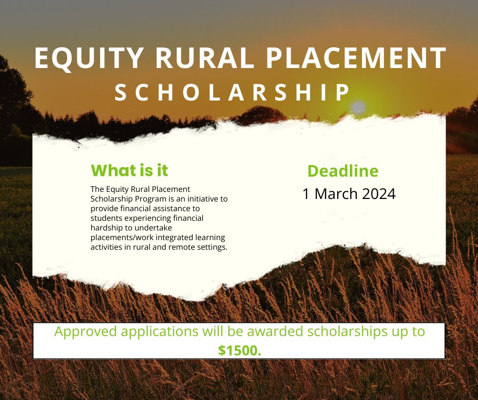 Applications for Equity Rural Placement Scholarship Program close 𝗠𝗮𝗿𝗰𝗵 𝟭! Scholarships are for students experiencing financial hardship. Funding is up to $𝟭𝟱𝟬𝟬 for travel & accomm when undertaking placements in rural setting nafea.org.au/scholarships/ #LiveStudyWorkRural